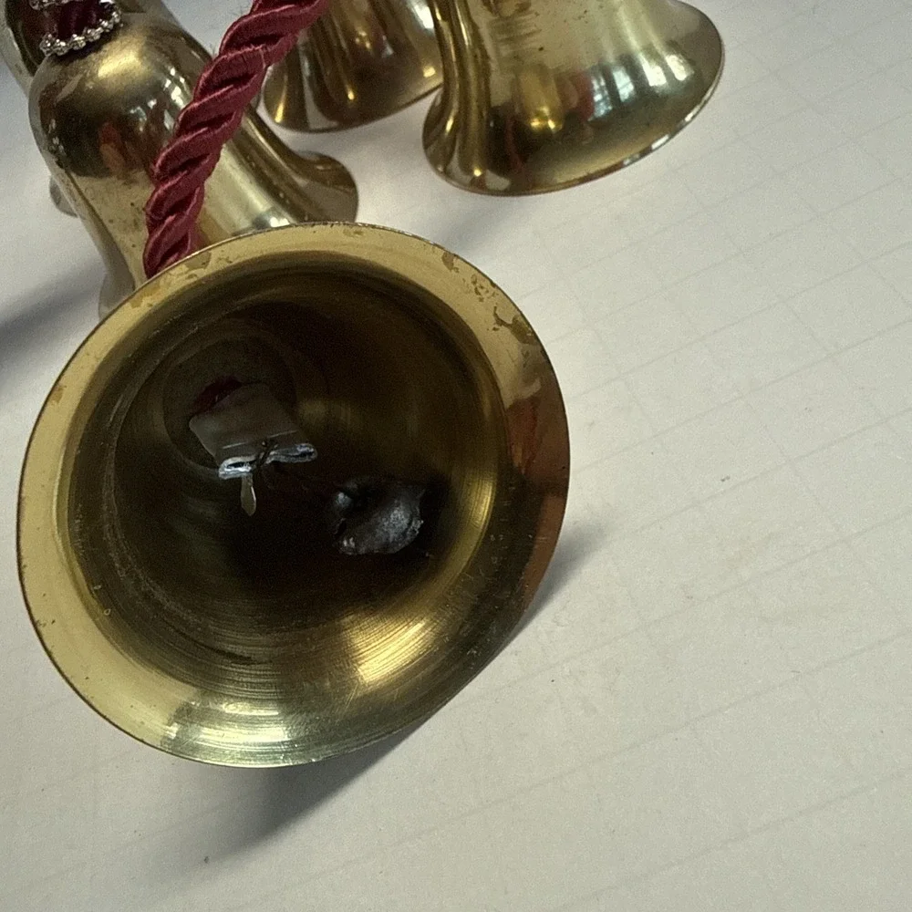 Vintage SET of 5 Vintage BRASS BELLS HANGING on CORD Doorknob Etc…